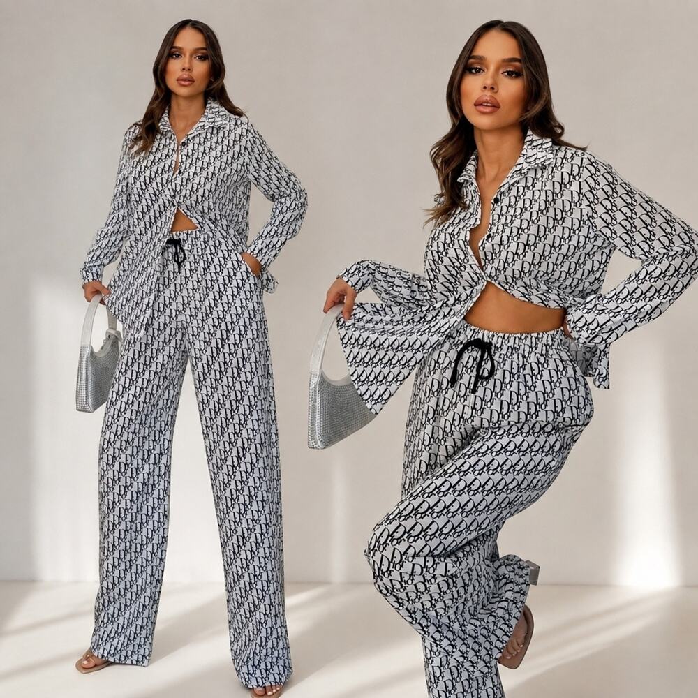 Black & White Monogram Two-Piece Blouse & Drawstring Pant Set